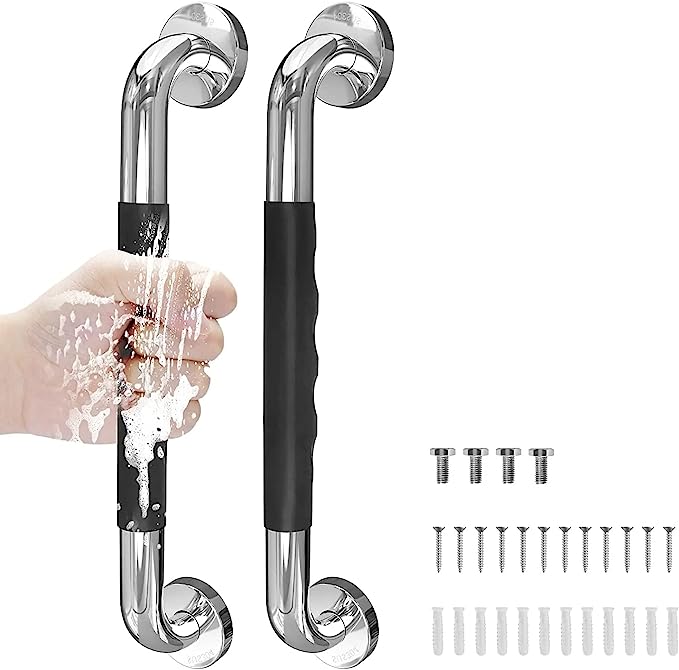 Stainless Steel Bathroom Grab Bars, 2pcs Anti-slip Rubber Grip Elderly Shower Bars 15.75 Inch 